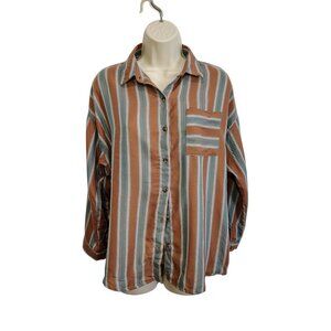 Love Notes Striped Button Down Shirt Womens Small Brown Blue 3/4 Sleeve